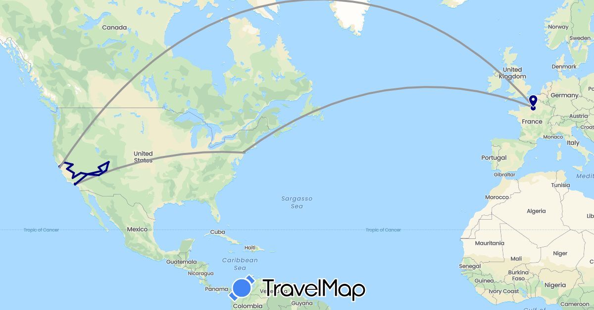 TravelMap itinerary: driving, bus, plane, cycling, hiking, boat in France, United States (Europe, North America)